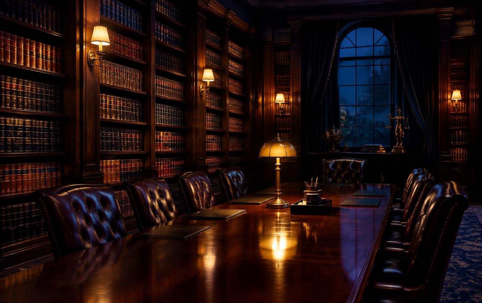 Law library and boardroom in warm lamp light